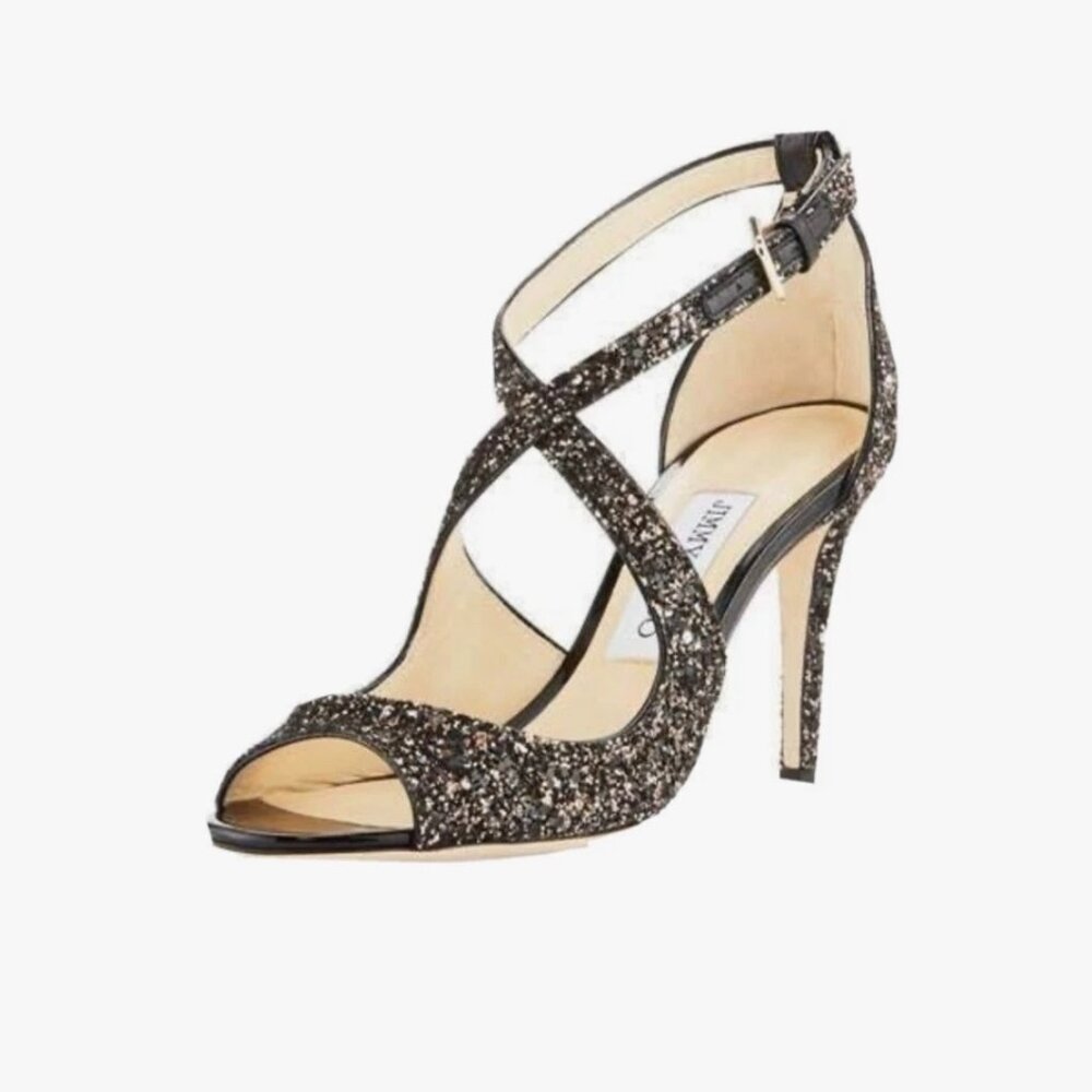 Jimmy Choo Emily Criss Cross bronze course glitter high heeled shoes